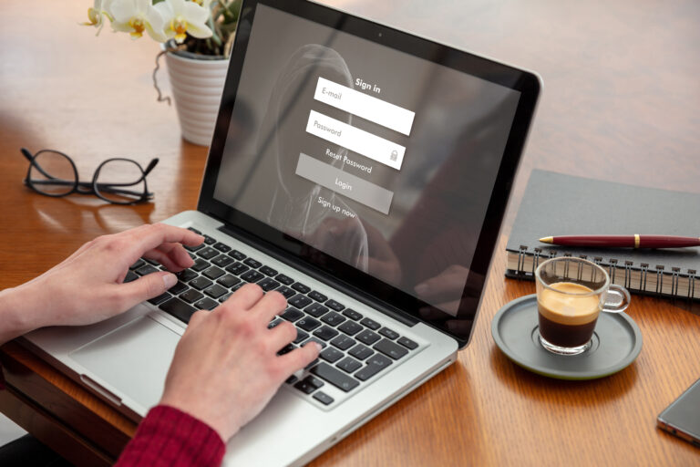 Password login on computer screen, cyber lock internet security concept. Woman work with a laptop