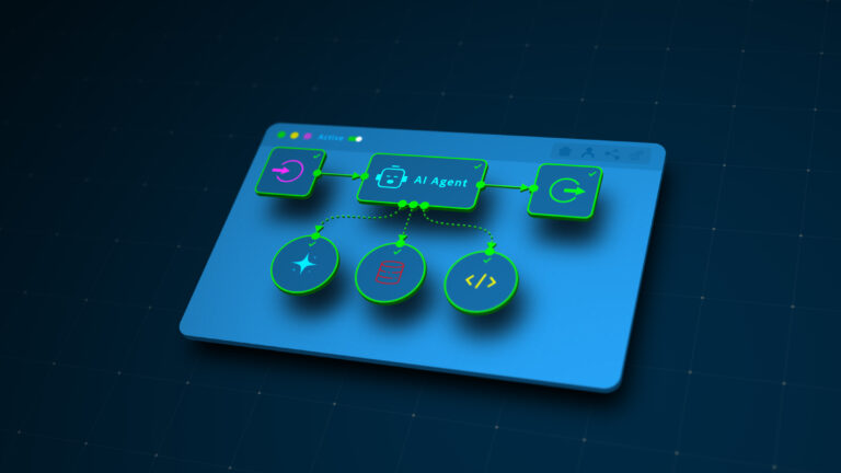 AI agent automation workflow diagram with glowing neon connections for futuristic technology and data management
